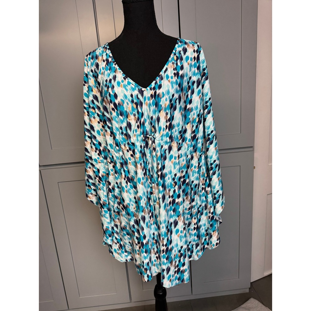 La Blanca Blue Ikat Gold Foil Drawstring Waist Swim Cover Up Tunic Kimono Sleeve